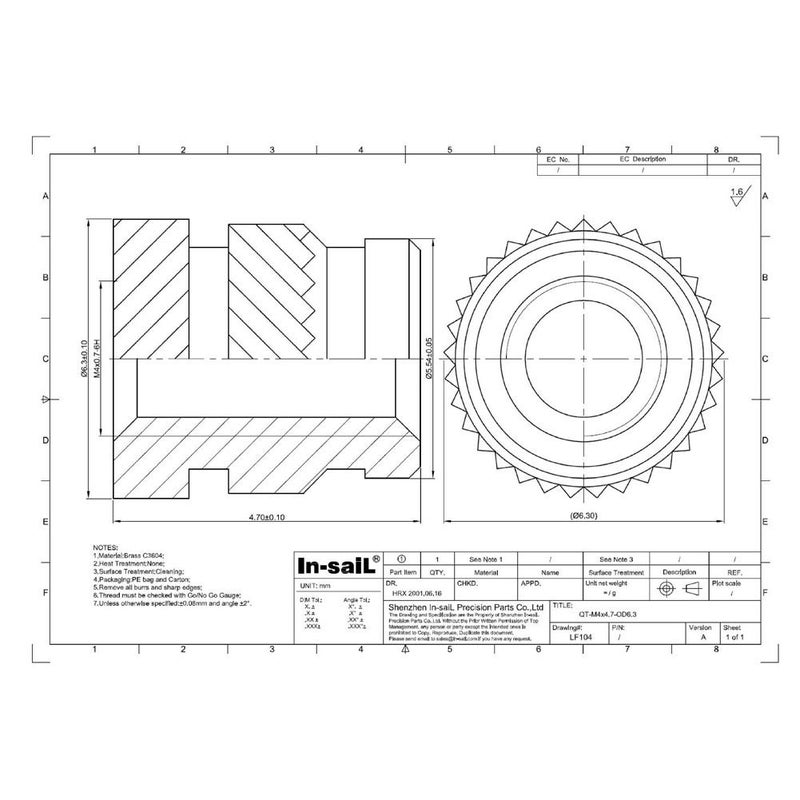 in-saiL M4x4.7mm, OD6.3mm/C3604 QT Thread Inserts for Plastic Heat Staking Brass 100pcs/lot